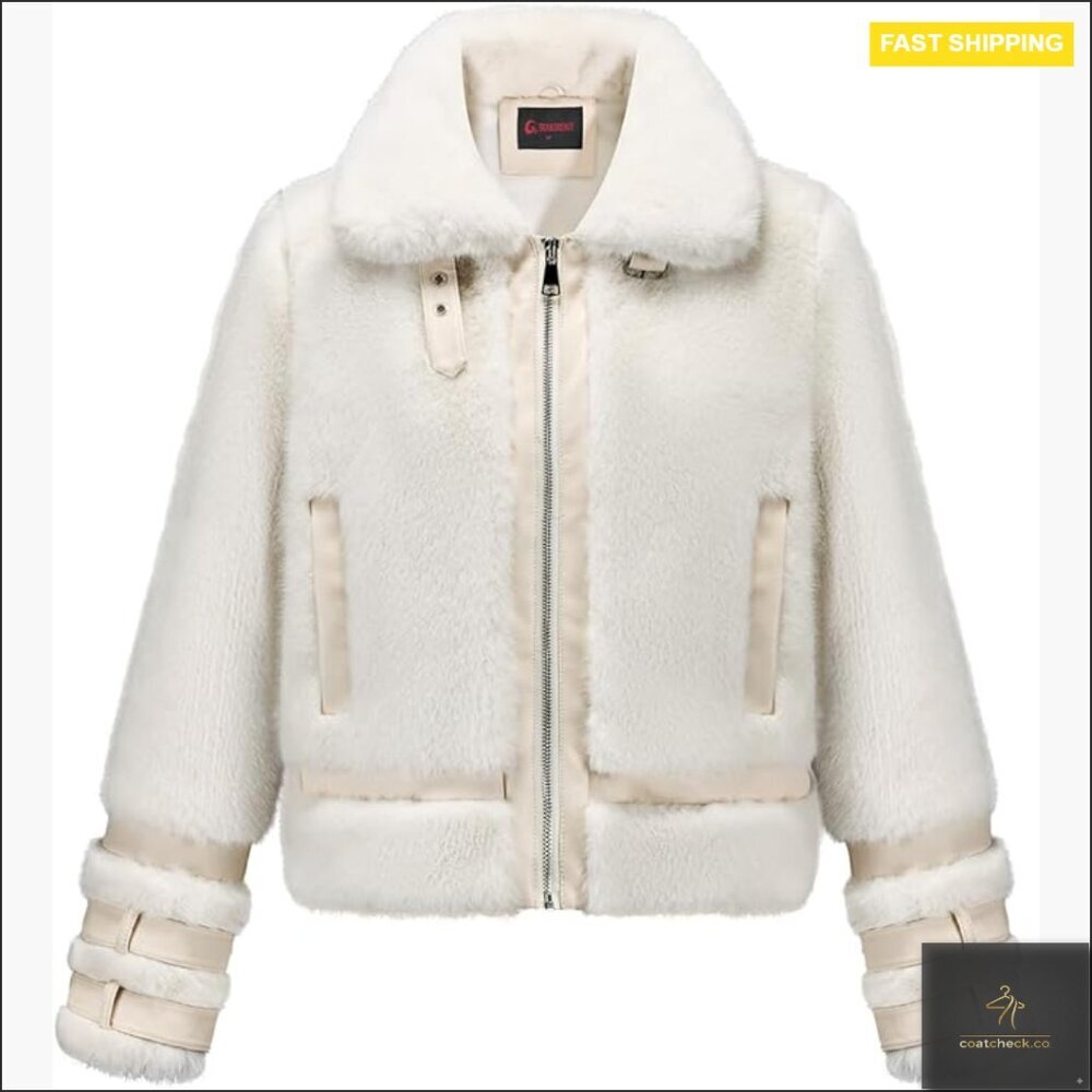 Faux Fur Cropped Jacket Belted Winter Coat Fuzzy Cuff Zipper Chic Warm